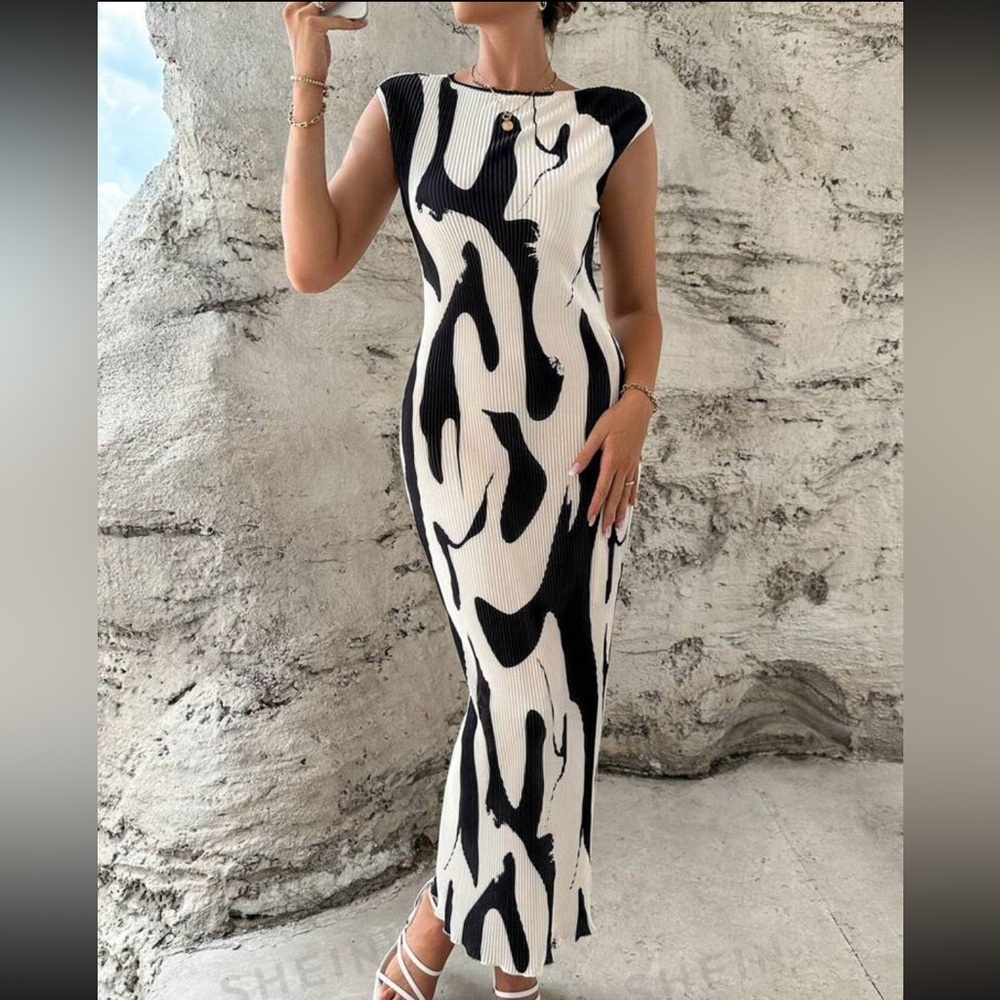 Prive Pleated Cream and Black Graphic Print Dress - Picture 3 of 5